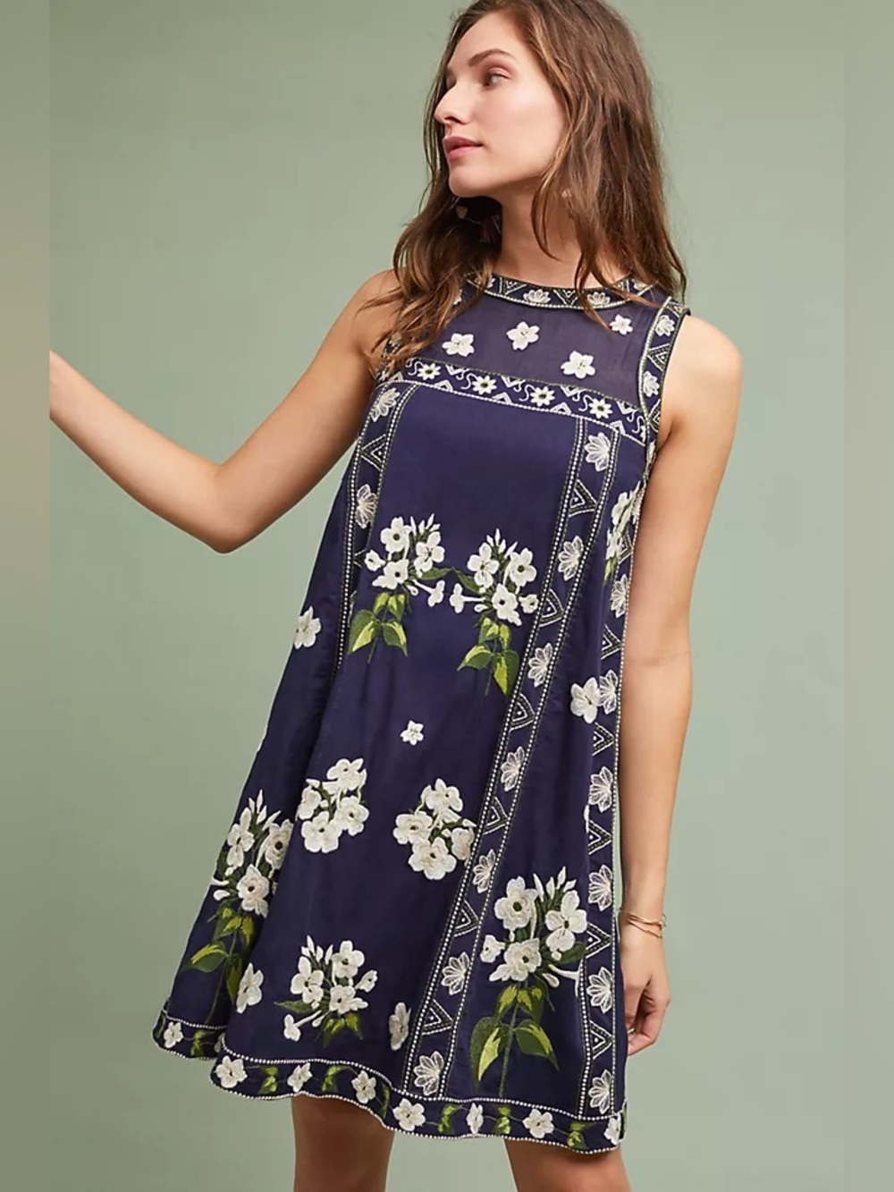Anthropologie Maeve Rosa Embroidered Swing Dress Size 4 Botanical Navy Blue